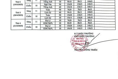 LỊCH KIỂM TRA HỌC KỲ 2 NĂM HỌC 2024-2025