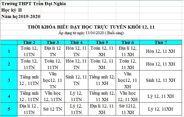 THỜI KHÓA BIỂU HỌC TRỰC TUYẾN TỪ NGÀY 13/4 (có điều chỉnh)